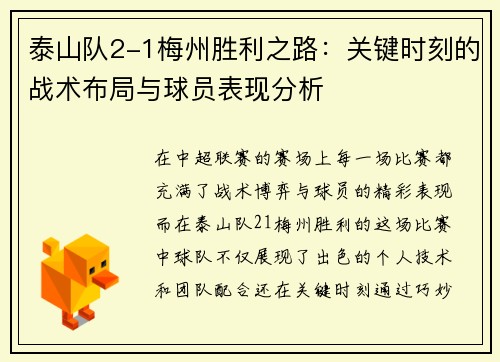 泰山队2-1梅州胜利之路：关键时刻的战术布局与球员表现分析